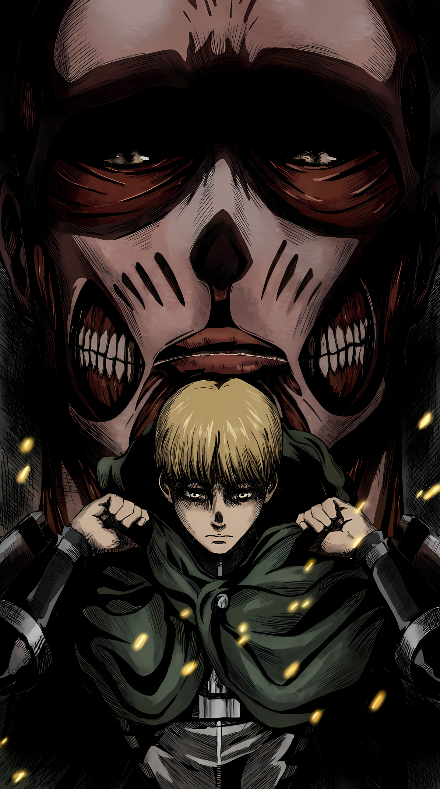 Attack on Titan PIXBY poster featuring Colossal Titan face and blond character