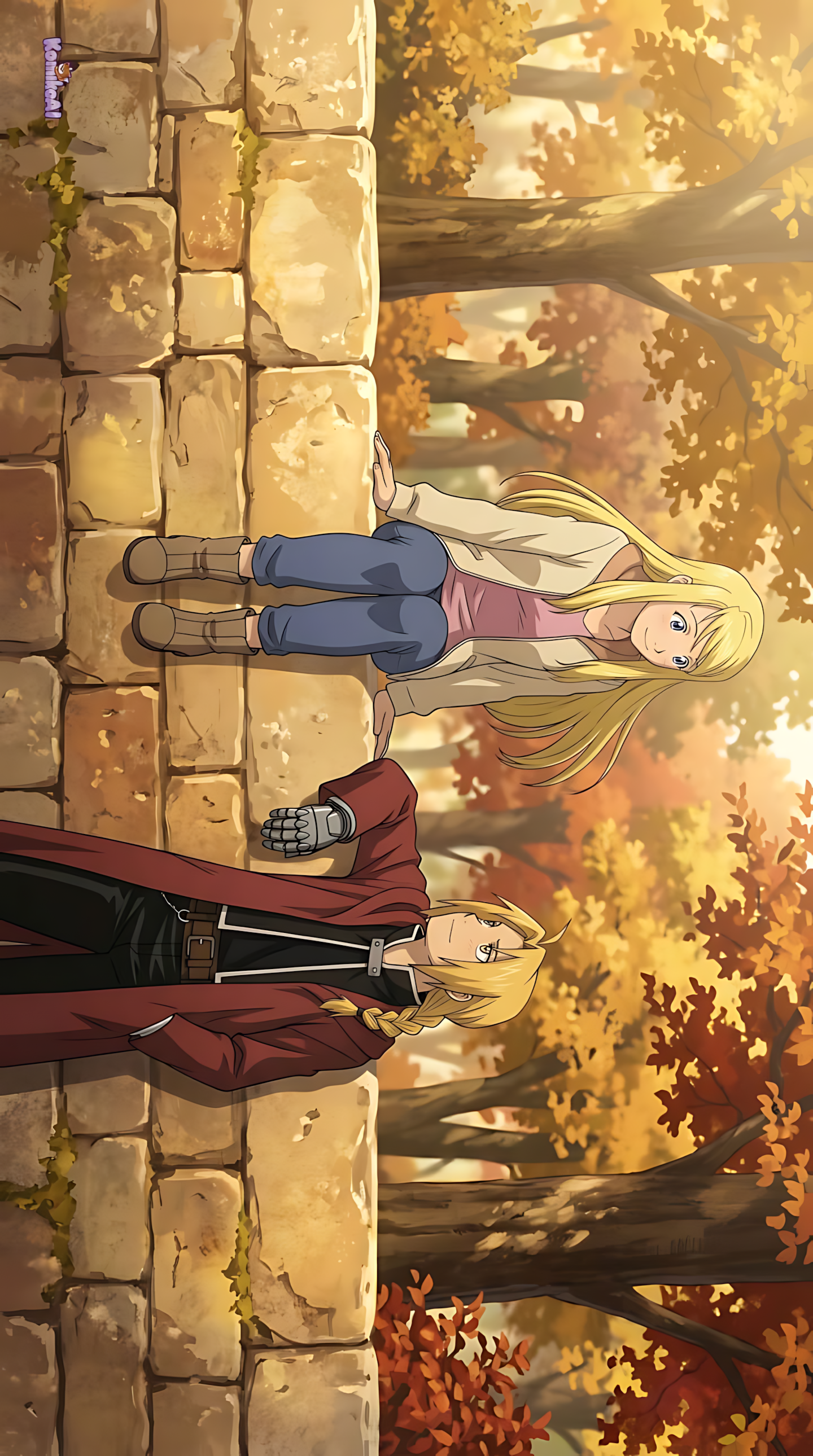 Fullmetal Alchemist autumn stroll poster with two blond-haired characters by stone wall
