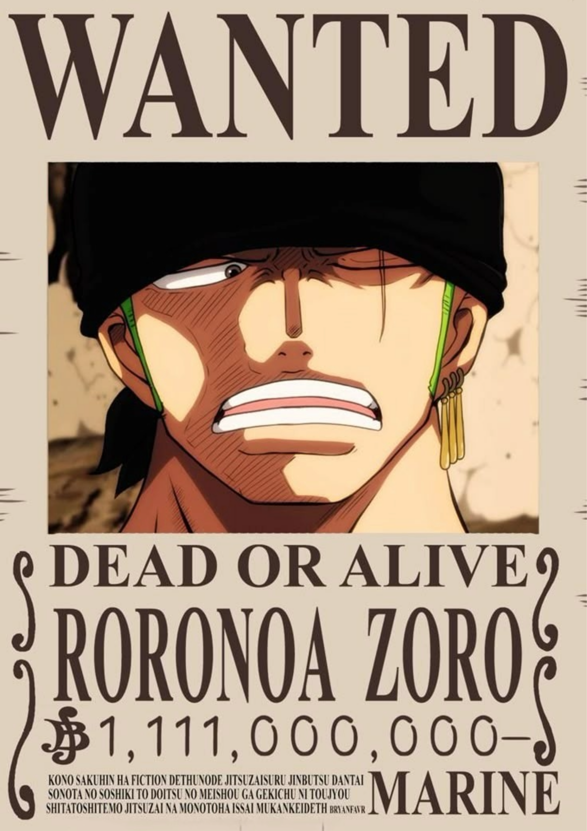 Wanted poster print of anime Roronoa Zoro with bandana and "Dead or Alive"