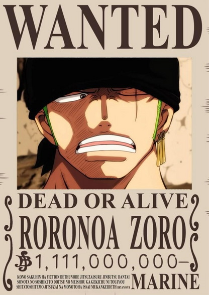 Wanted poster print of anime Roronoa Zoro with bandana and "Dead or Alive"