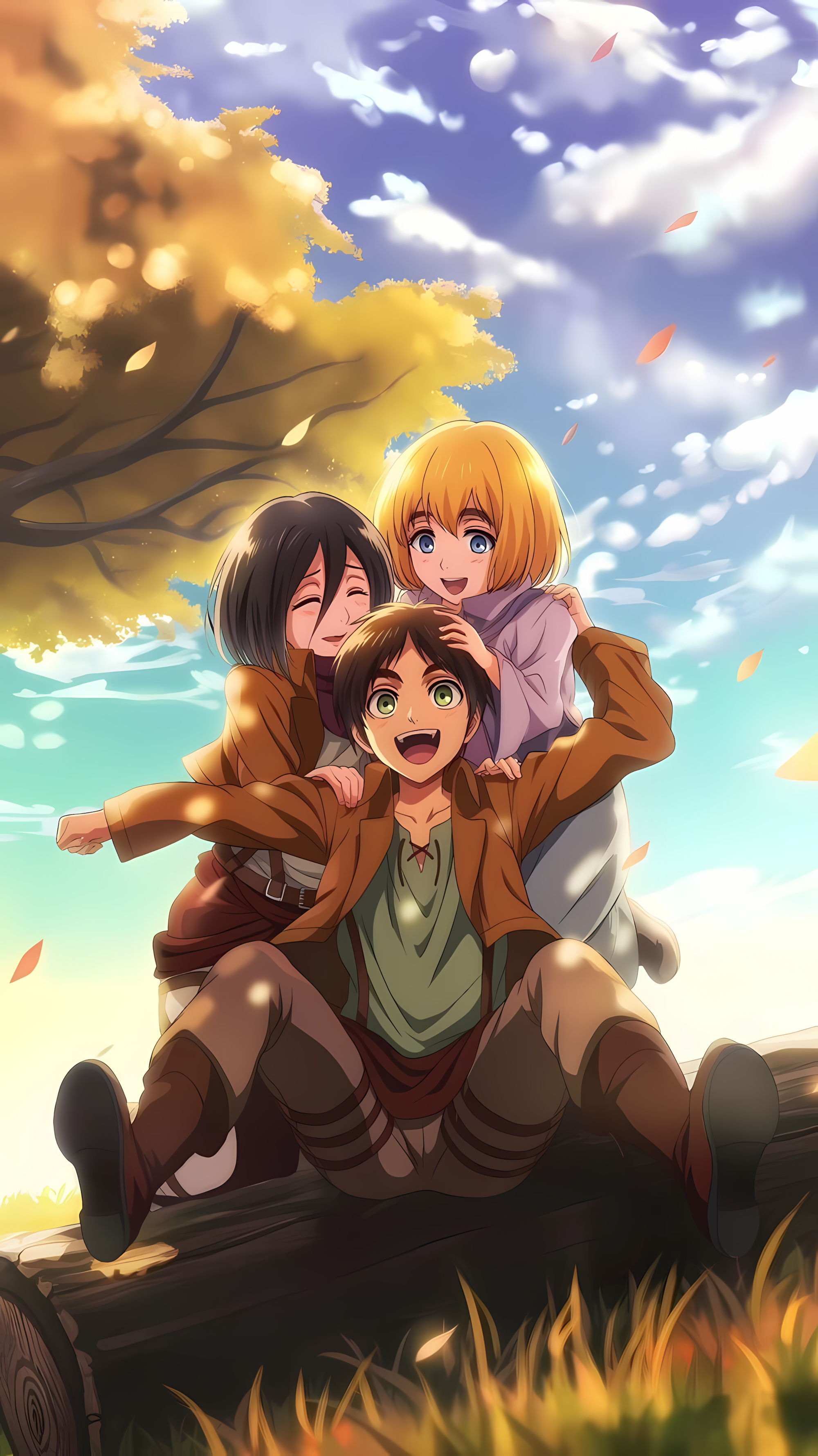 Anime poster of three childhood characters hugging in brown cloaks outdoors