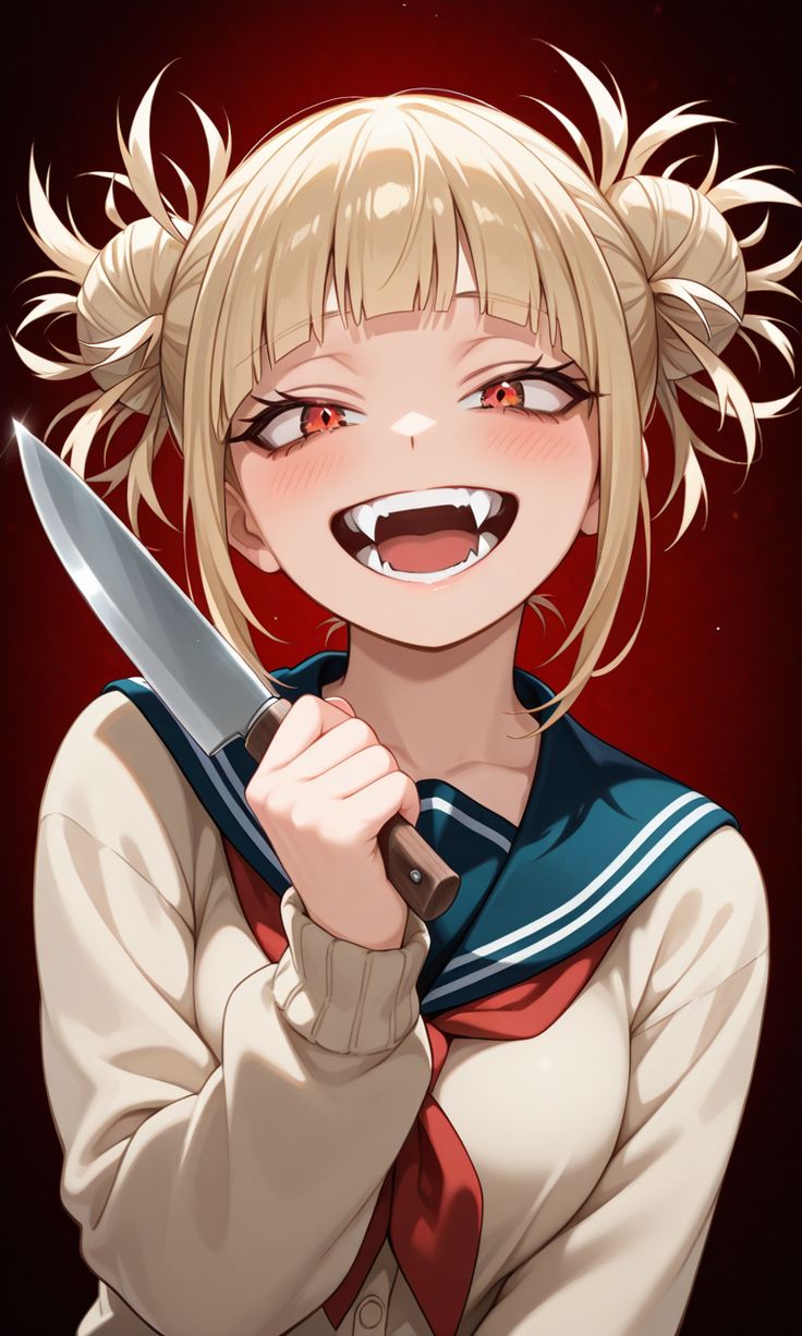 Glossy villain poster with blonde anime character holding a sword, smiling