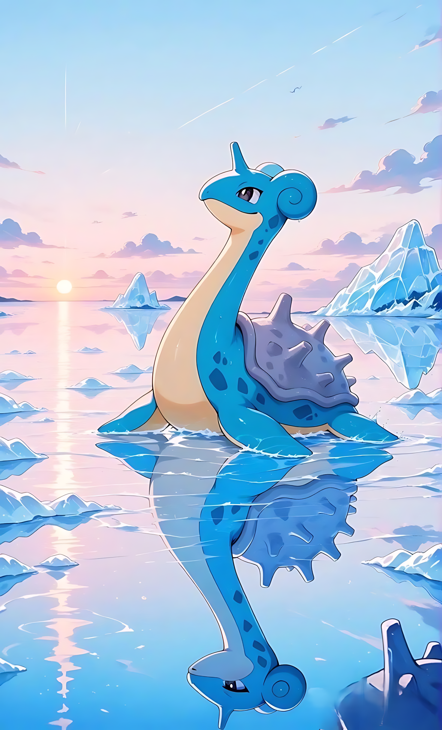 Lapras arctic sunset poster with blue sea monster on icy ocean and icebergs.