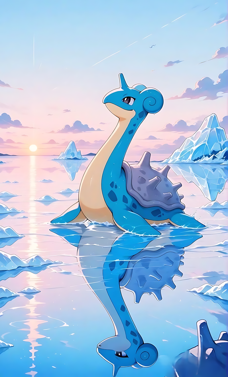 Lapras arctic sunset poster with blue sea monster on icy ocean and icebergs.