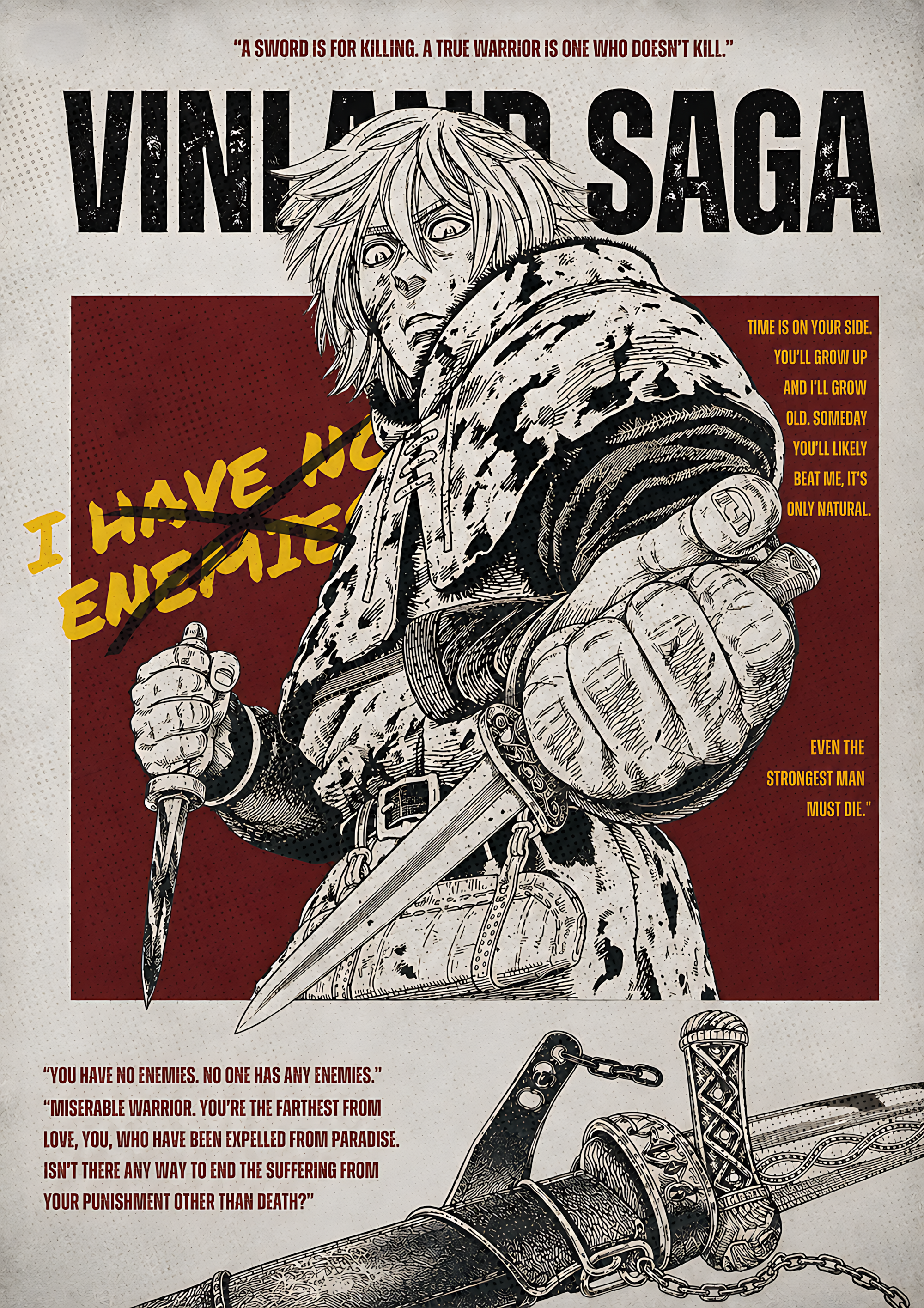 Vinland Saga manga art poster with monochrome Thorfinn warrior holding sword and axe