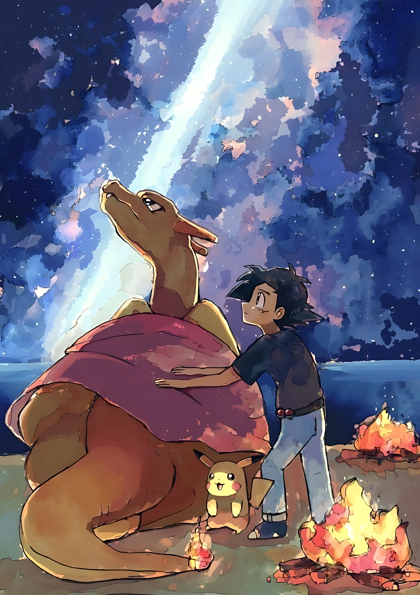 Pokémon poster of Ash beside Charizard under a glowing beam, with a small Pikachu