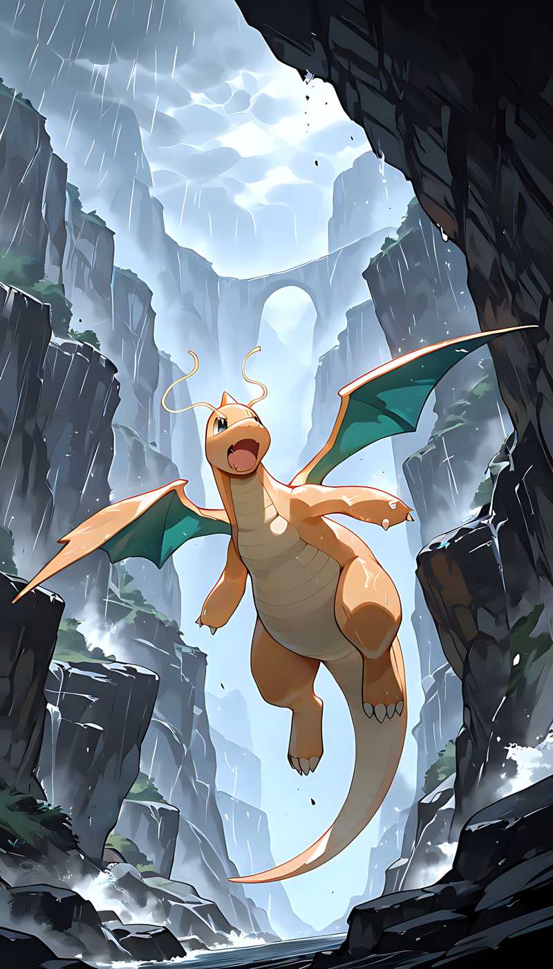 Dragonite poster showing Dragonite flying through a misty canyon