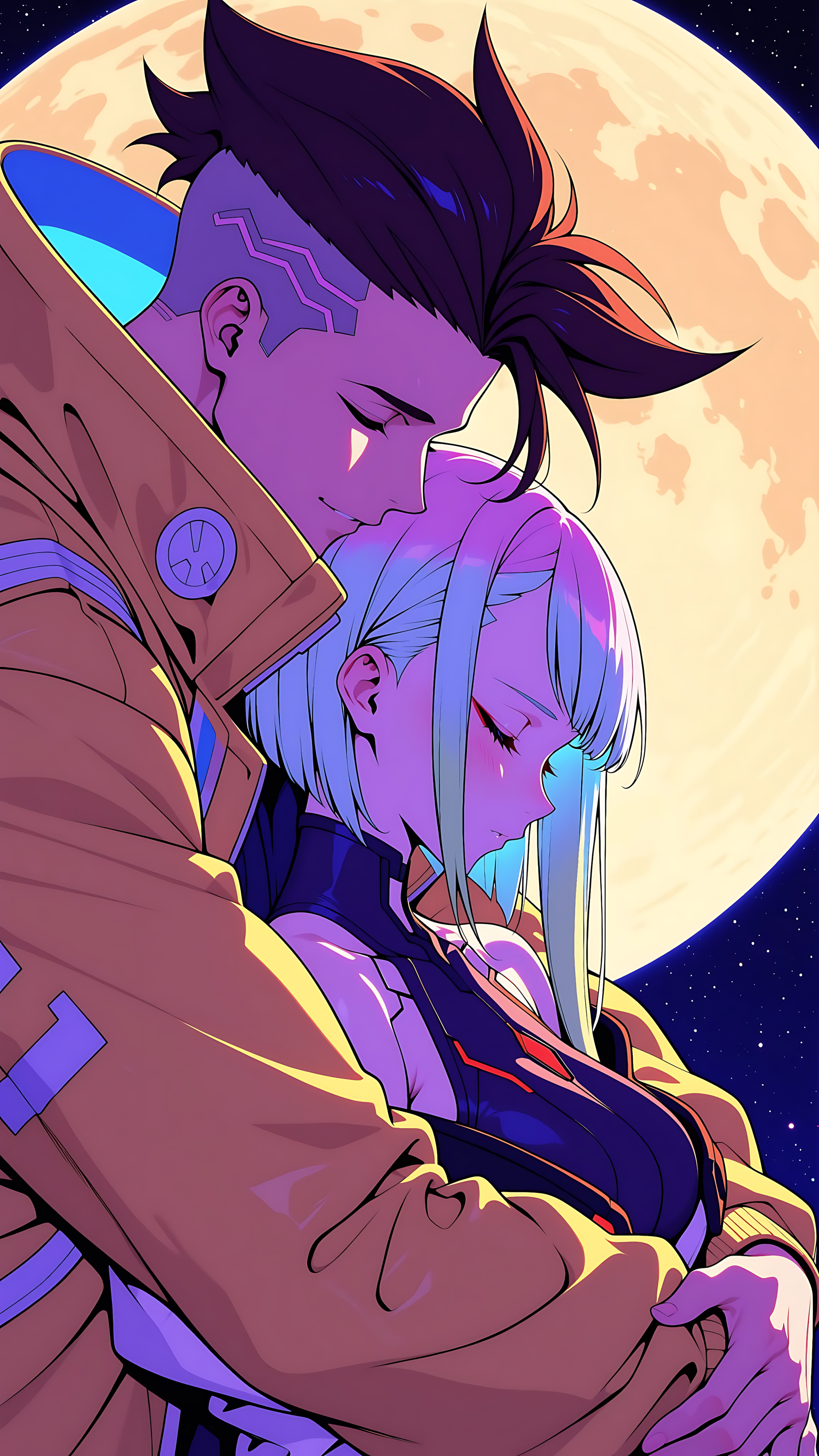 Cyberpunk: Edgerunners glossy poster of two characters embracing under a moon