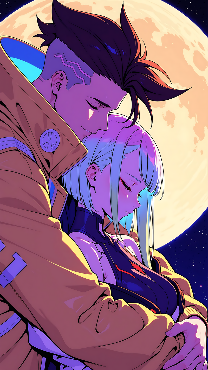 Cyberpunk: Edgerunners glossy poster of two characters embracing under a moon