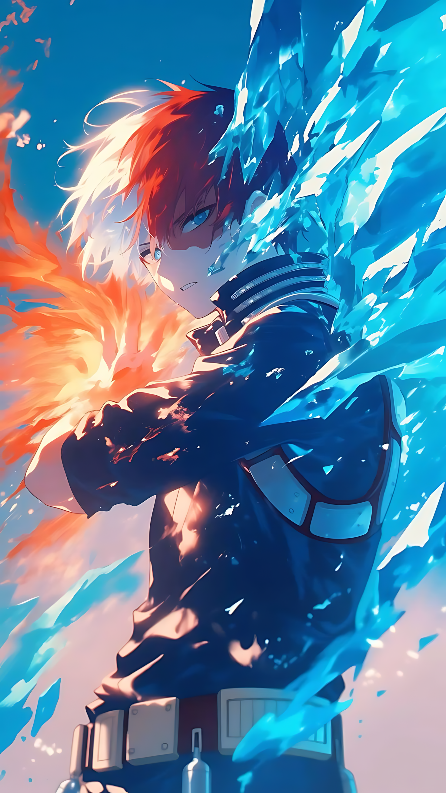 Todoroki elemental duality anime poster, one side fire orange and other ice blue