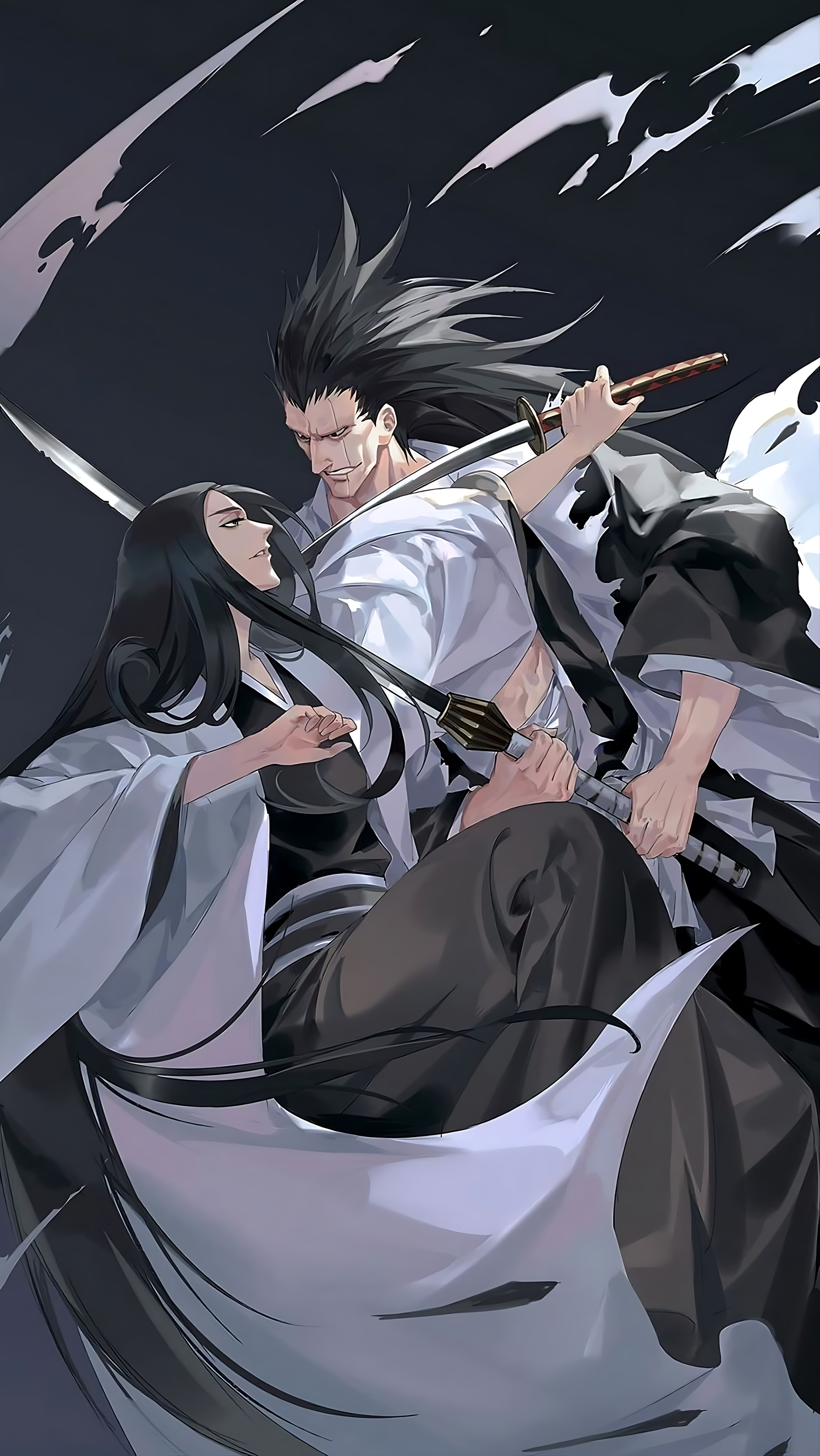 Anime wall poster of swordman and robed woman in dramatic action pose