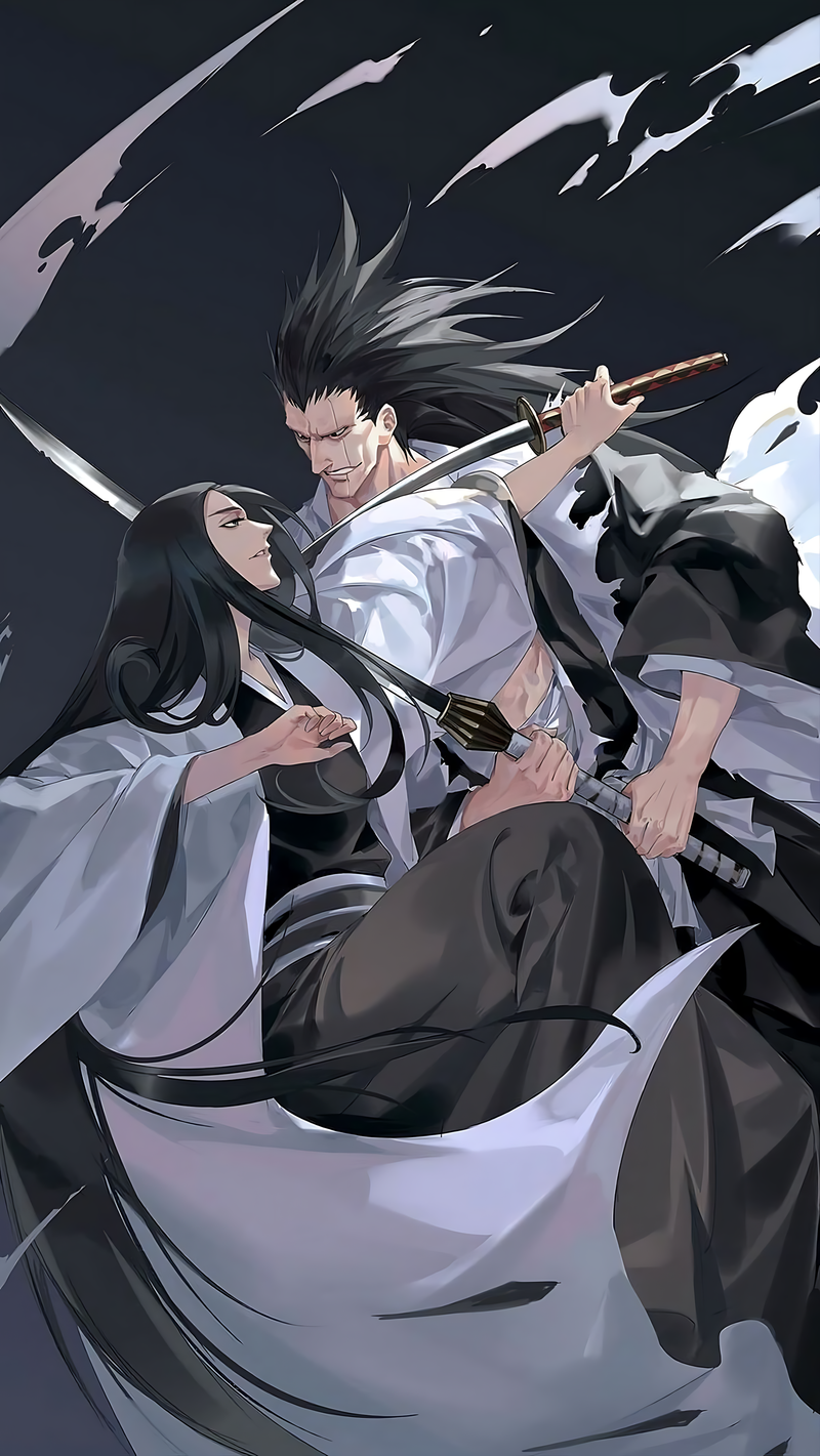 Anime wall poster of swordman and robed woman in dramatic action pose