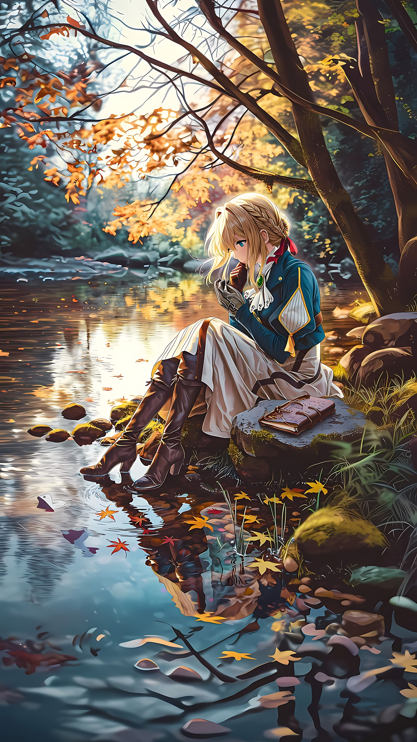 Autumn riverside reflection poster with anime girl sitting by a calm lake, falling leaves