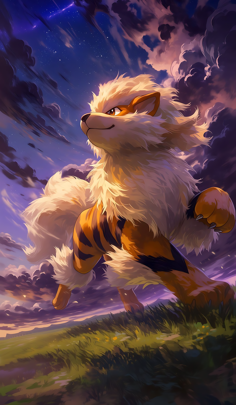 Arcanine Twilight Dash poster, orange-and-cream canine running with glowing eyes
