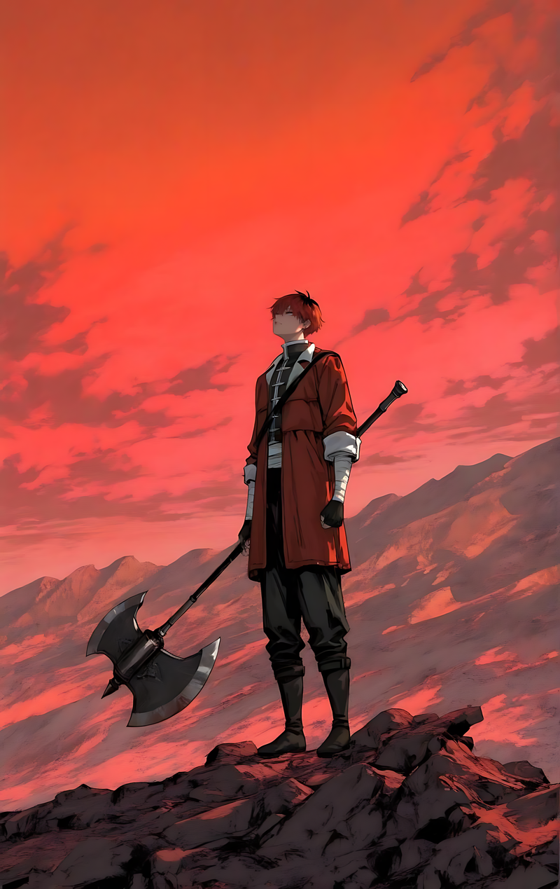 Crimson horizon axe character poster with a lone swordsman holding an axe