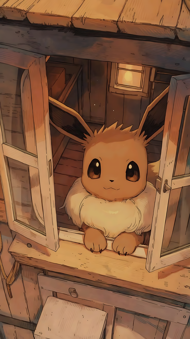 Eevee peeking from a wooden window in a cozy illustrated scene