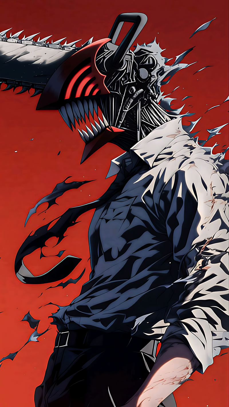 Anime wall poster of a chainsaw-wielding character in dark outfit, dynamic action pose