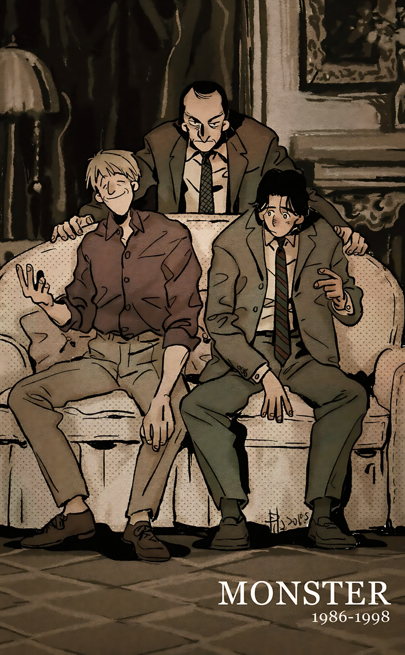 Trio portrait poster with three seated characters in brown coats; 'MONSTER 1986-1998' text