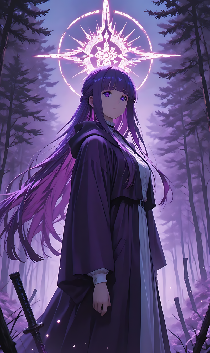 Frieren anime poster with long purple-haired woman in dark cloak, glowing magic circle