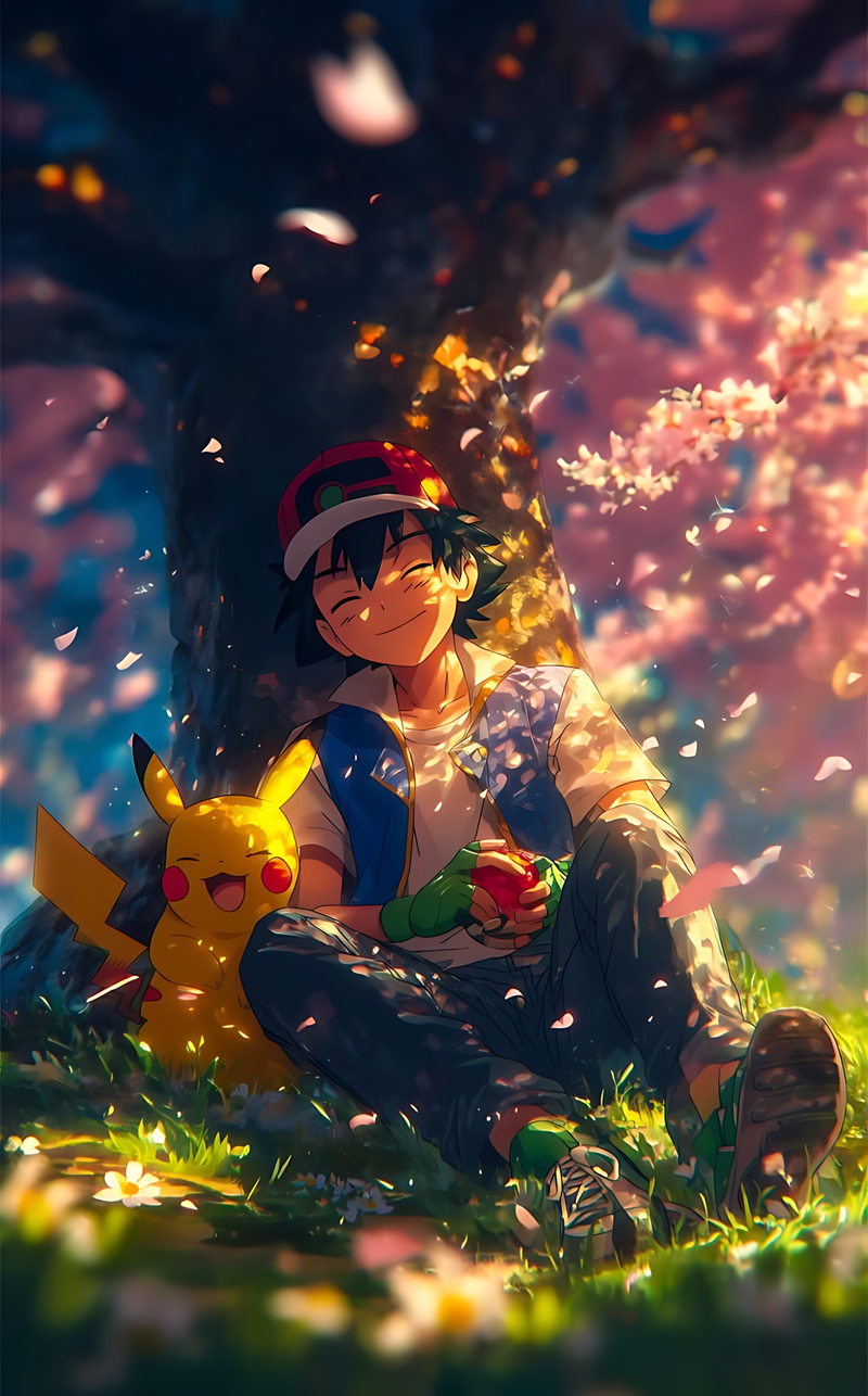 Poster of Ash and Pikachu under cherry blossoms