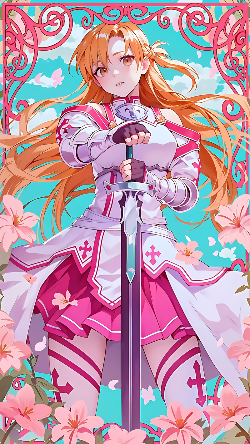 Floral frame blade poster featuring Asuna in pink-and-white outfit holding sword
