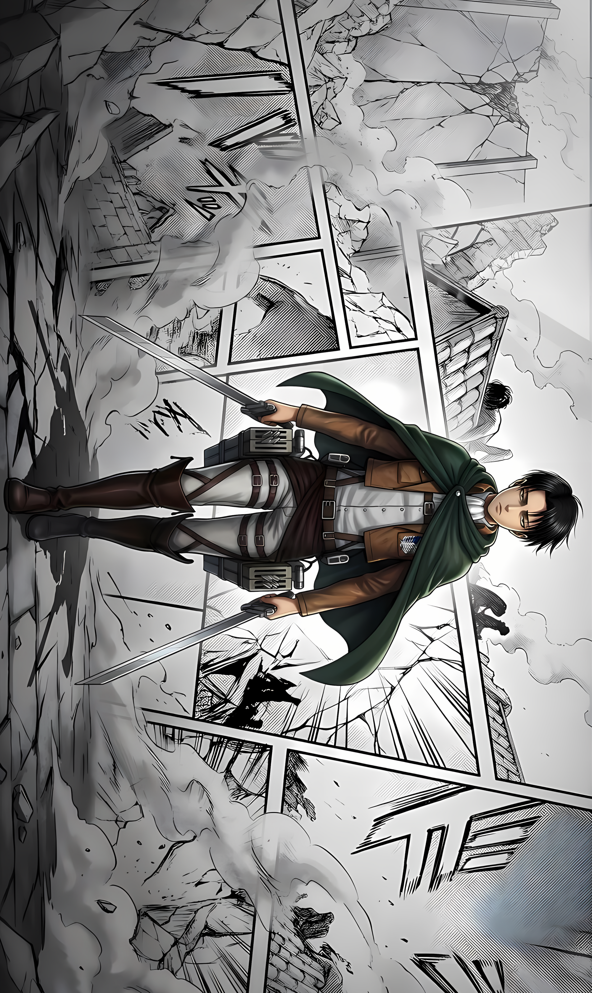 Manga panel poster featuring a male soldier with green cloak and black uniform