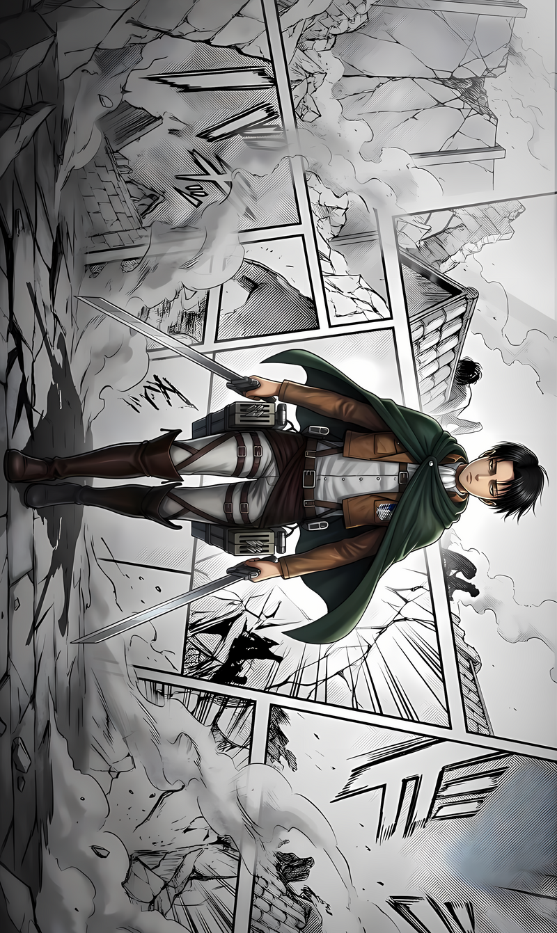 Manga panel poster featuring a male soldier with green cloak and black uniform