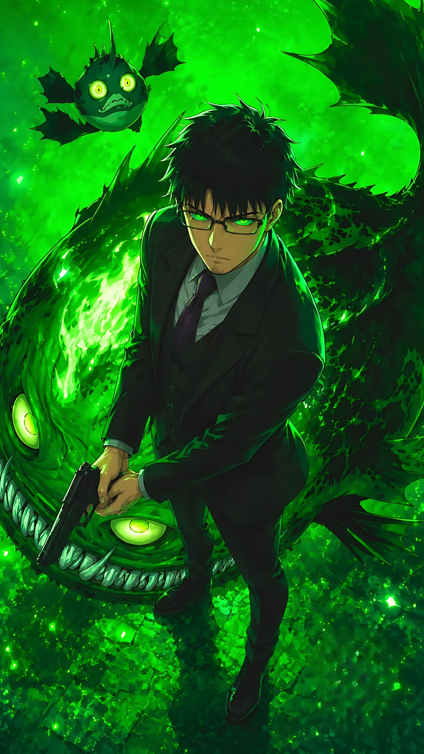 Anime character poster with glowing green ninja, menacing daemons and smoke-like shadows