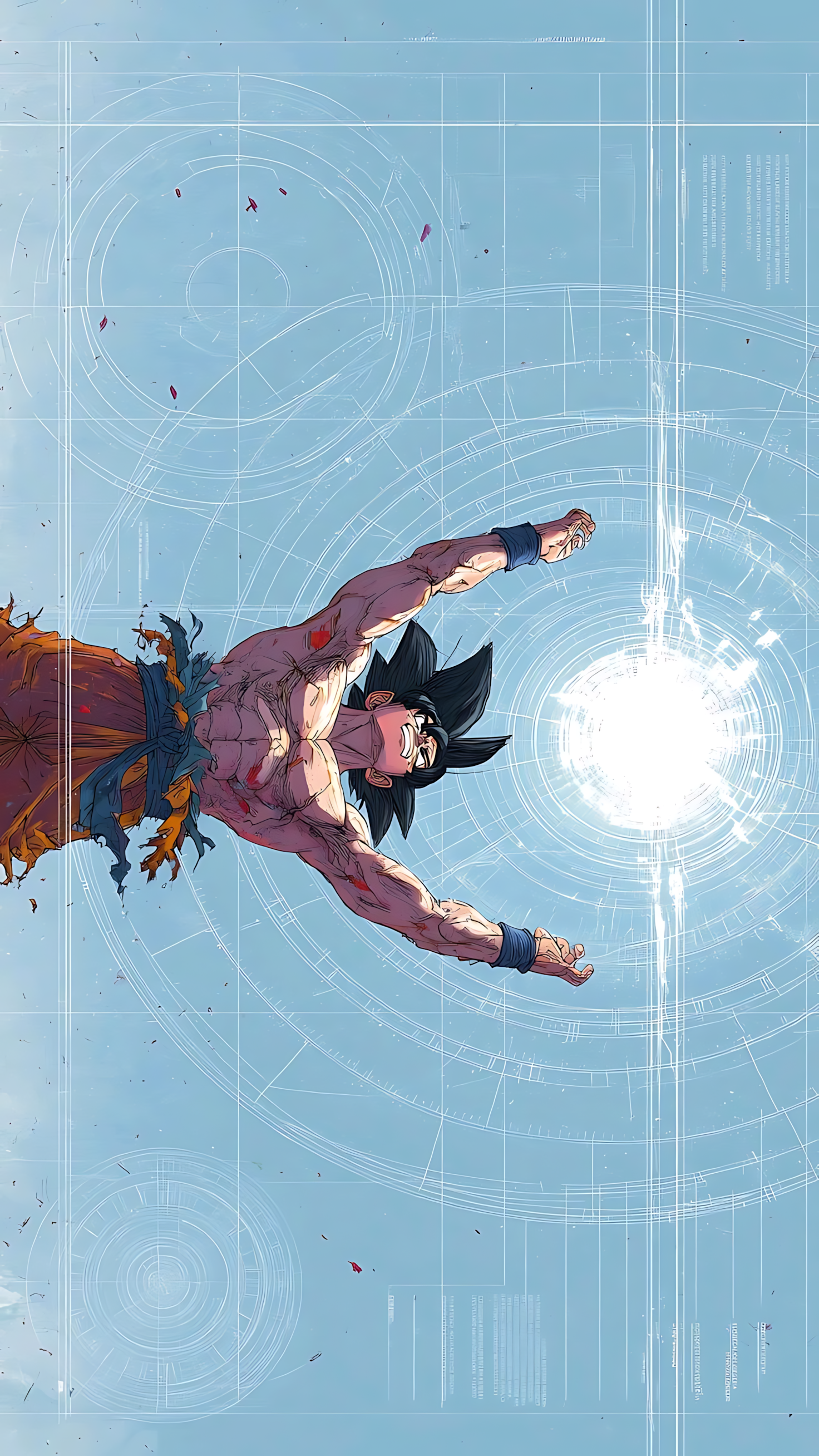 Spirit Bomb blueprint poster with Goku floating, glowing energy sphere, and blueprint grid design