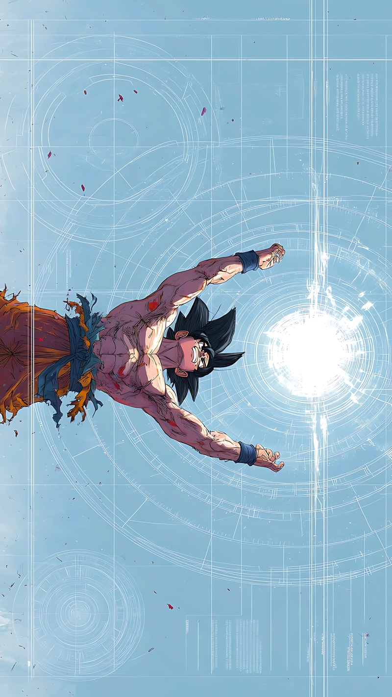 Spirit Bomb blueprint poster with Goku floating, glowing energy sphere, and blueprint grid design