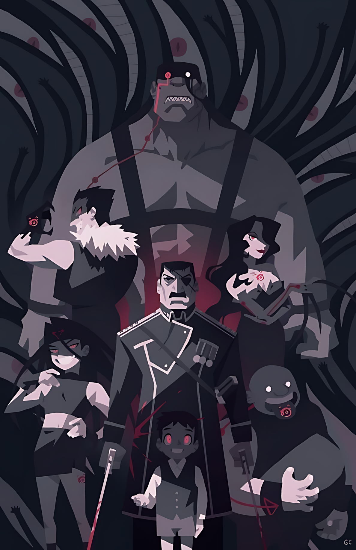 Minimalist character group poster with King Bradley and Homunculi figures
