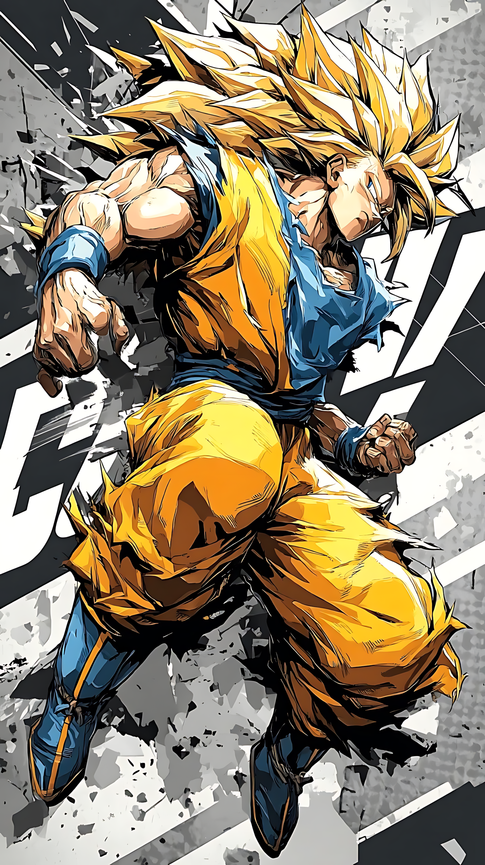 Anime poster of a spiky golden-haired Super Saiyan hero in orange gi and blue top, fists