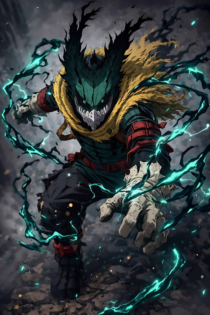 Anime poster of Deku in dark vigilante suit, glowing blue lightning effects