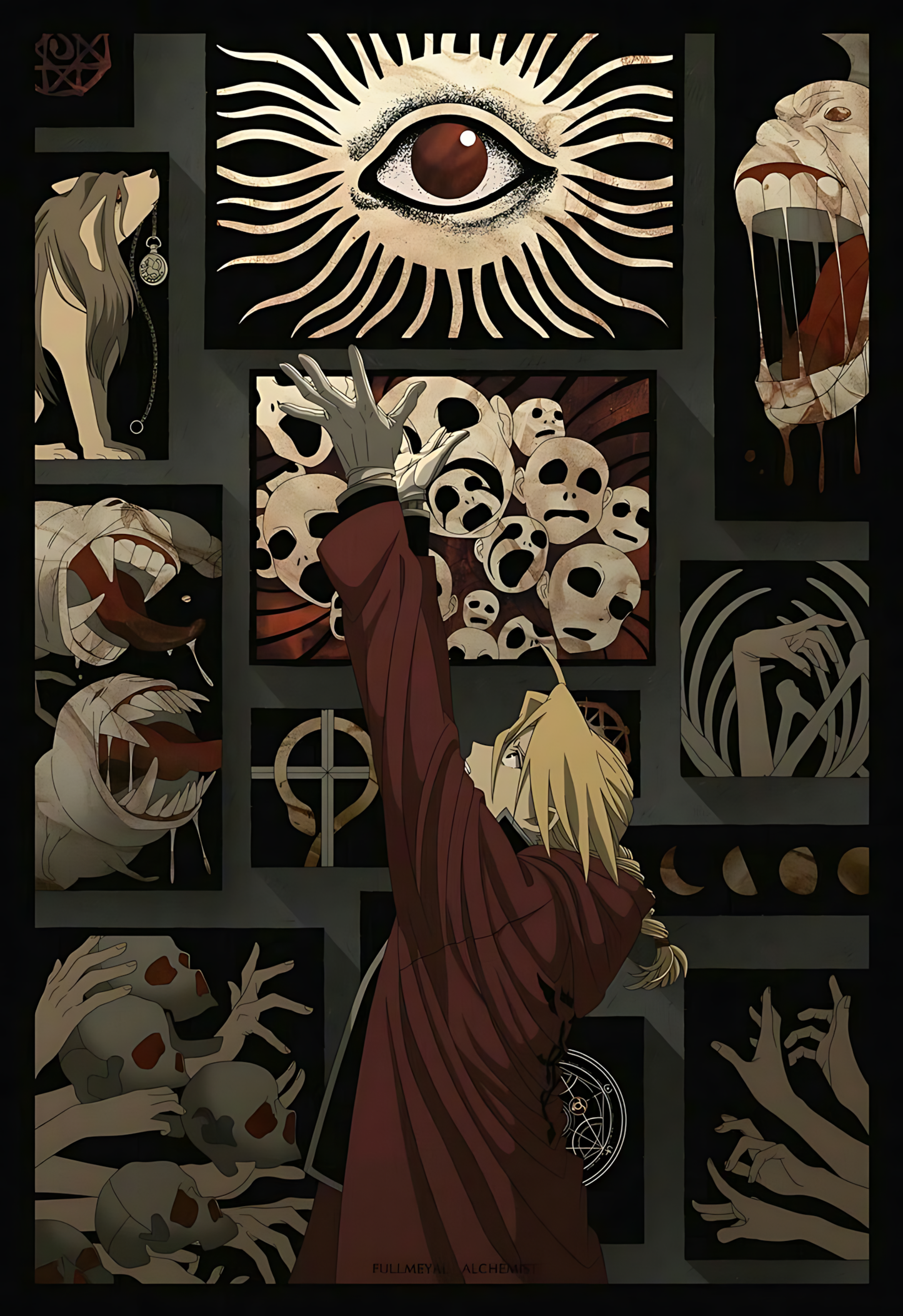 Anime gallery poster collage with central eye graphic and character silhouettes