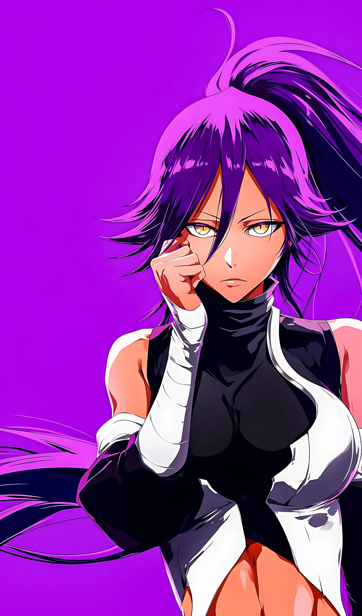Anime character poster of a purple-haired woman in black-and-white outfit with a raised white glove