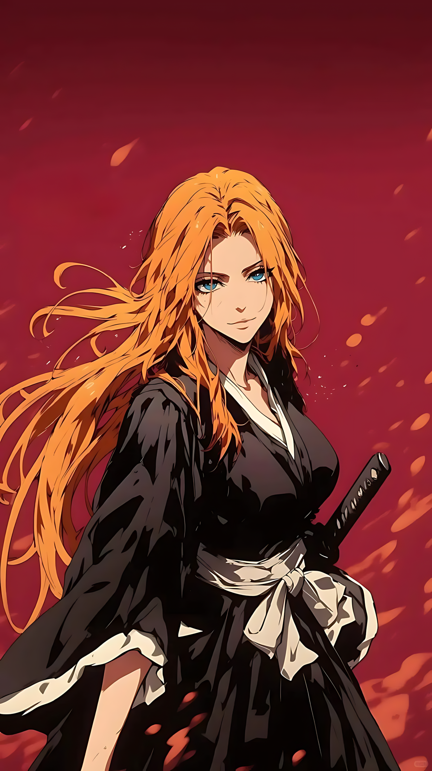 Anime character poster with long blonde hair, blue eyes, black outfit holding sword
