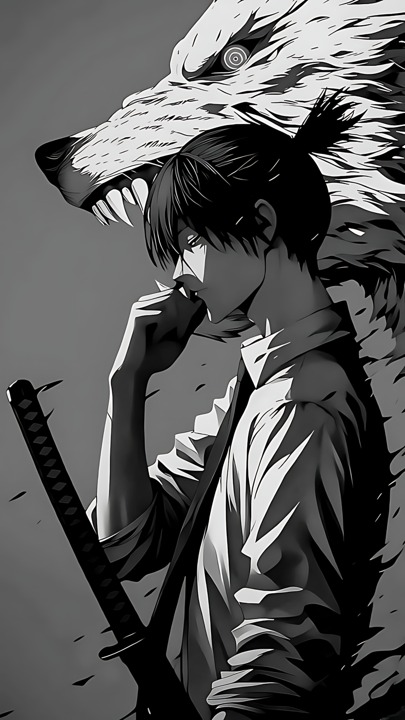 Monochrome anime poster with hooded character holding a sword, black-and-white artwork