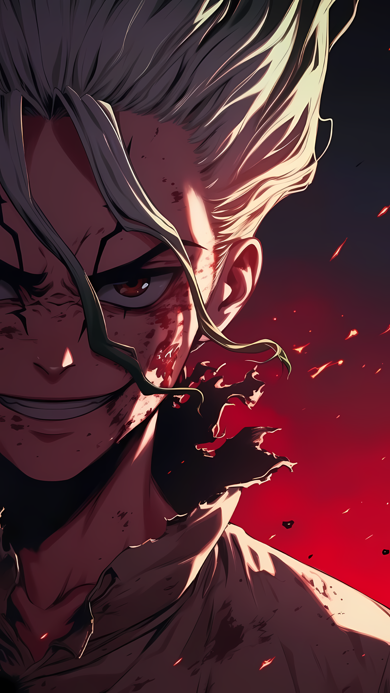 Anime character battle smirk poster with side profile and intense red energy effects