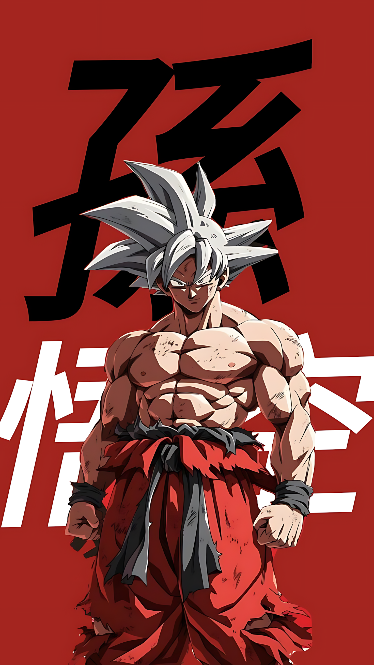 Anime character poster featuring a red-clad fighter in Ultra Instinct pose