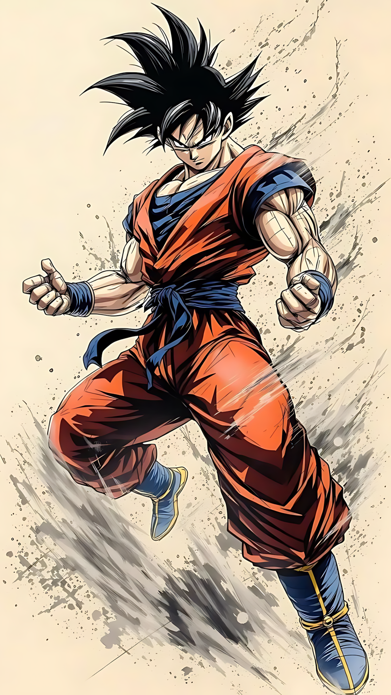 Anime wall poster of running fighter in orange gi with blue accents, black spiky hair