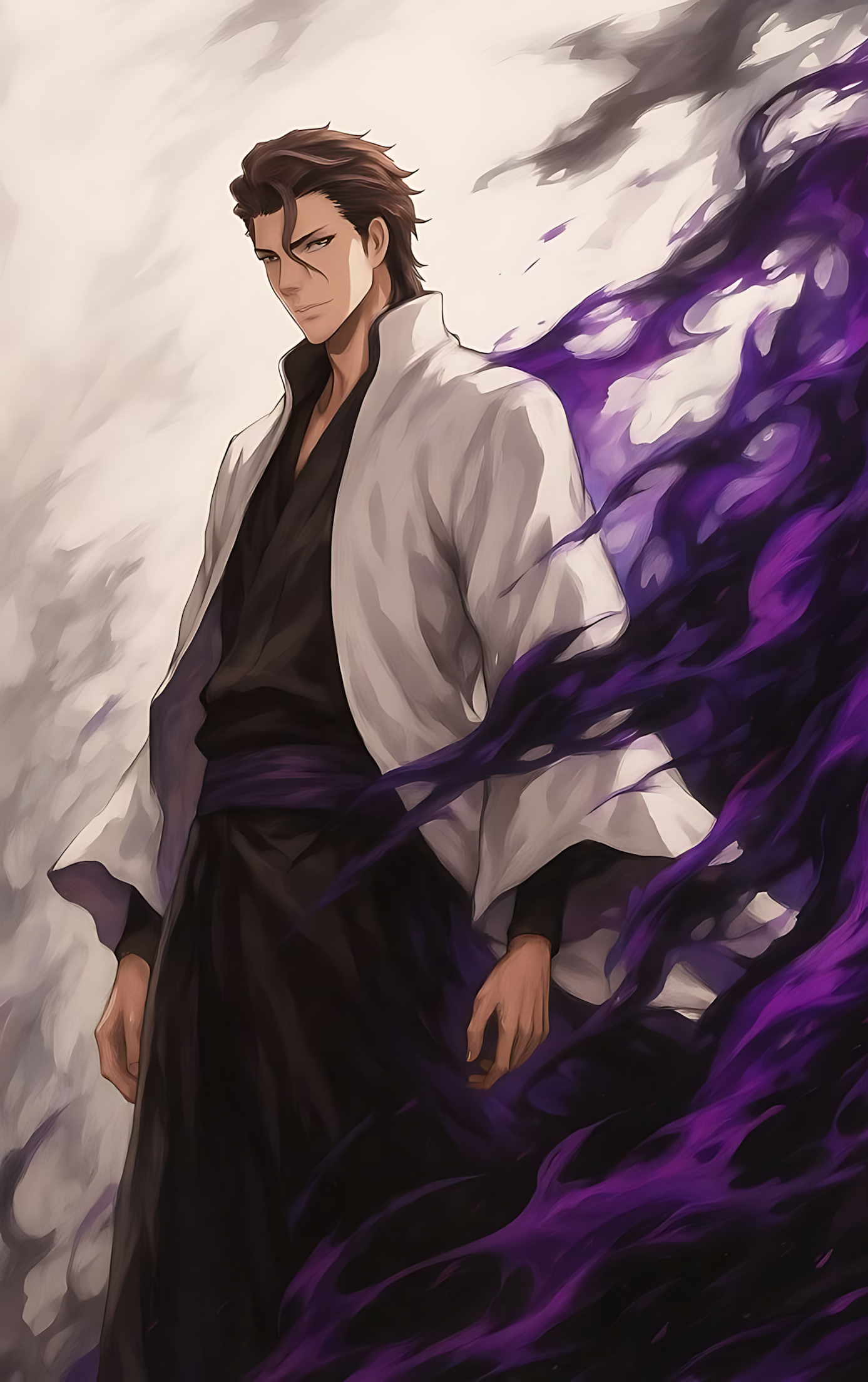 Sōsuke Aizen poster art showing Bleach character in white robe with purple energy swirl