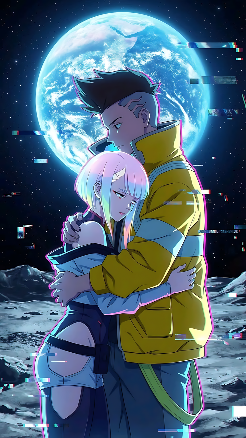 Glitch-style anime wall art print of two characters hugging in front of a moon