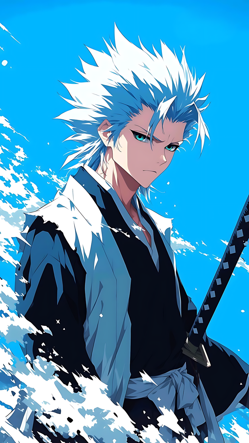 Anime character wall poster featuring blue-haired warrior holding a sword, dynamic pose