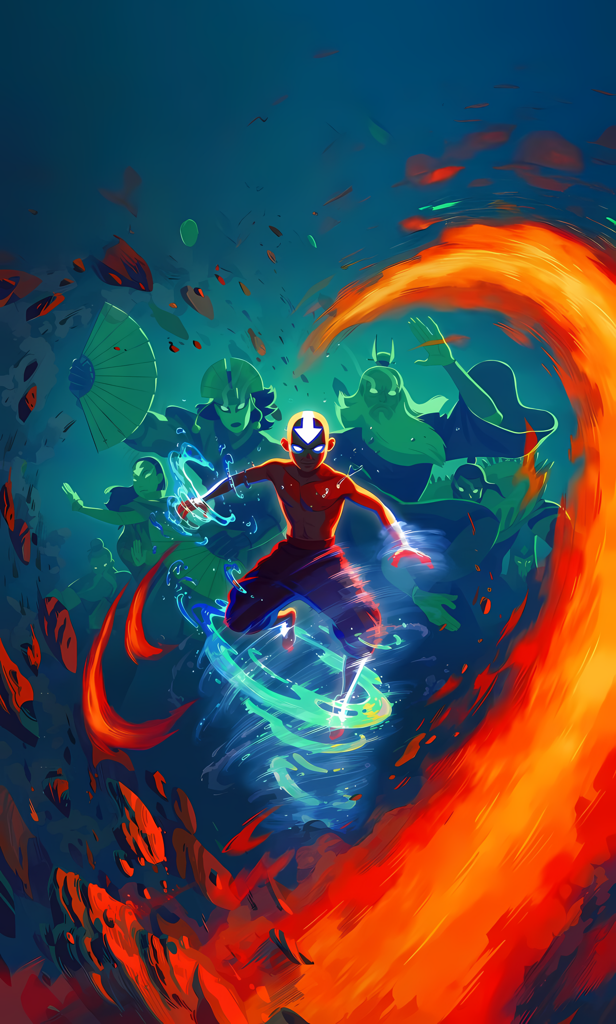 Aang Avatar State poster with green-blue energy and fiery orange swirling aura
