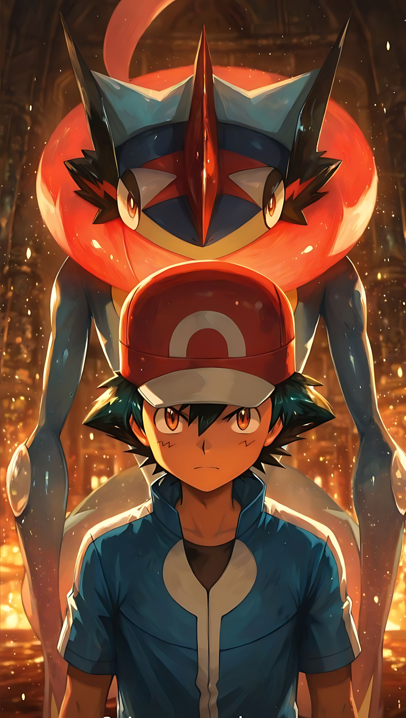 Pokémon poster of Ash standing before Ash-Greninja