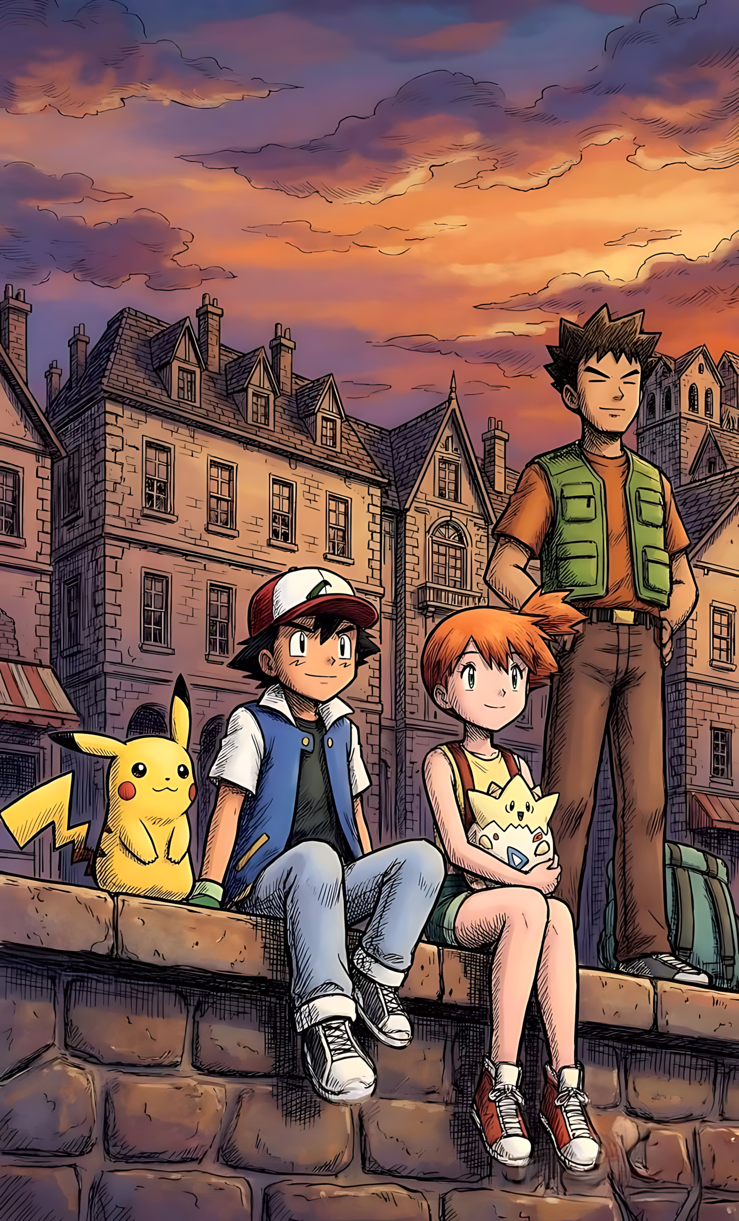 Pokémon town sunset poster with Ash, Misty, Brock, Pikachu, and Togepi
