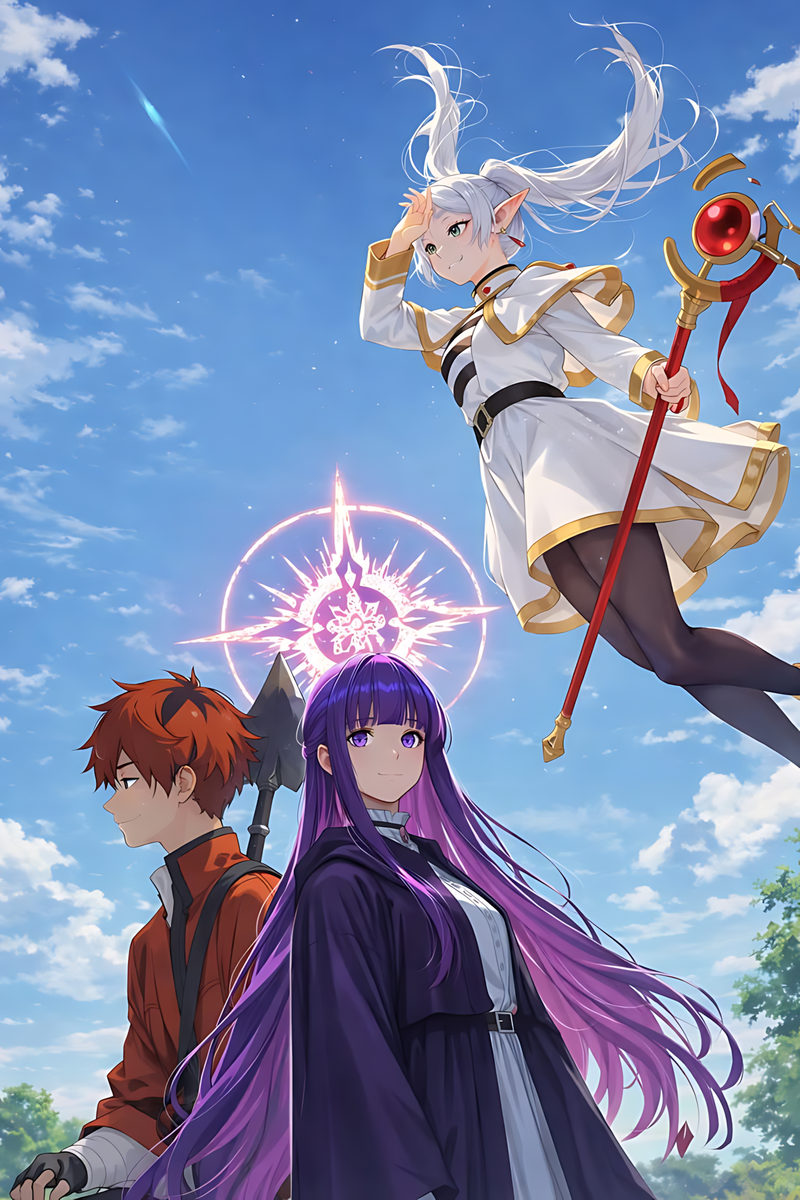 Anime sky journey poster with three characters and magical red staff, purple hair