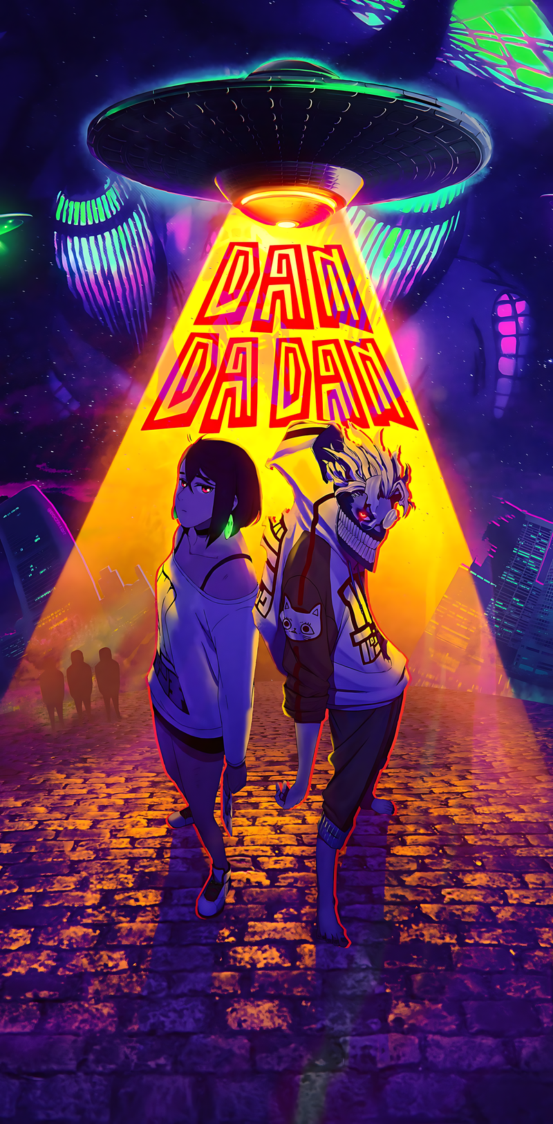 Neon UFO abduction poster with two characters and glowing 'DAN DA DAN' title
