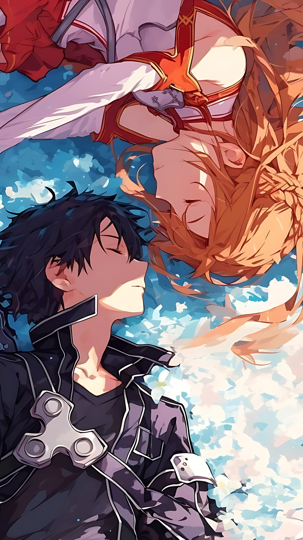 Anime swordfighter rest poster with two characters embracing in colorful clouds