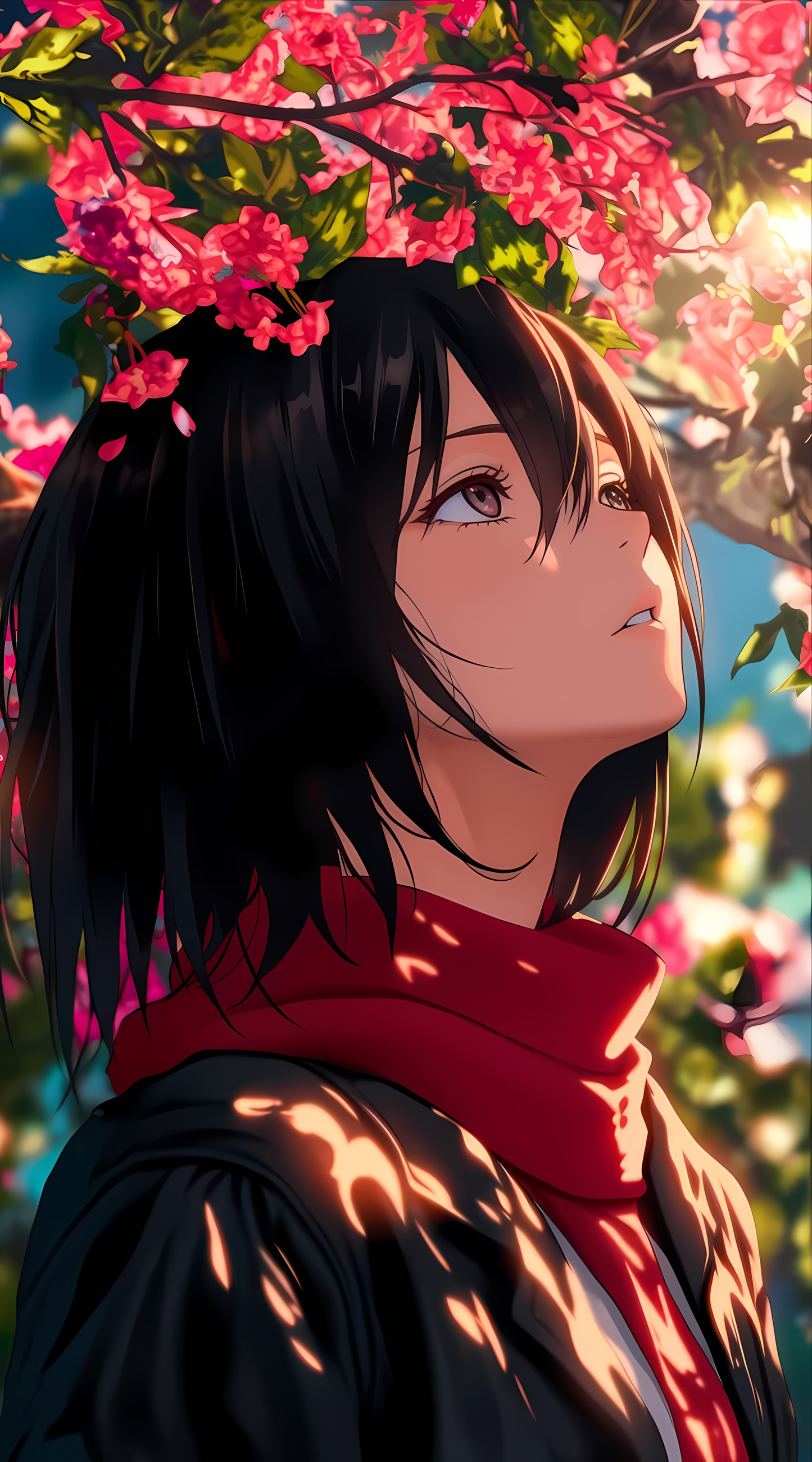 Anime-style poster of a girl in red outfit with long black hair and cherry blossoms